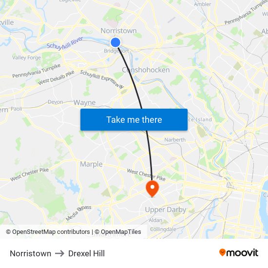 Norristown to Drexel Hill map