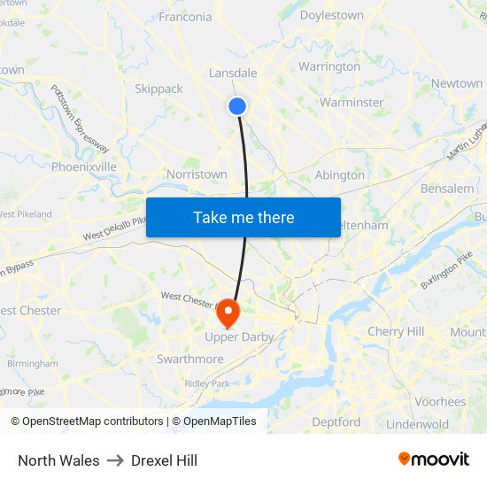 North Wales to Drexel Hill map
