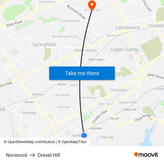 Norwood to Drexel Hill map