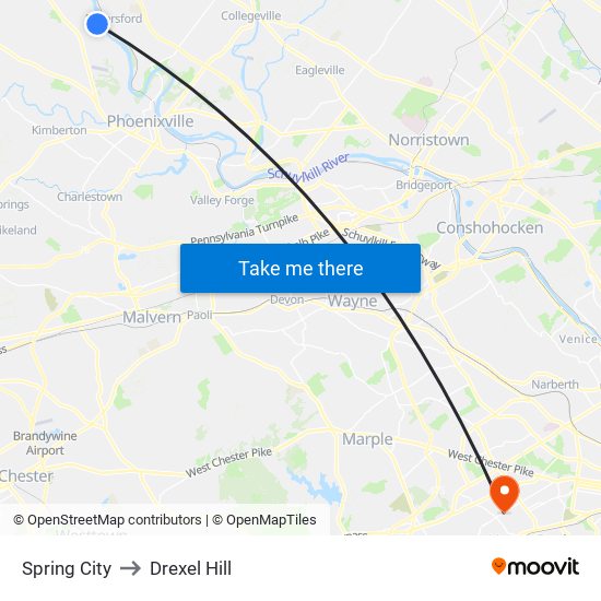 Spring City to Drexel Hill map