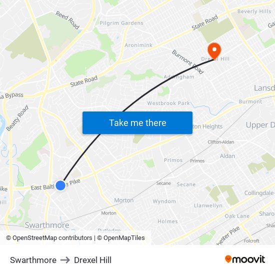 Swarthmore to Drexel Hill map