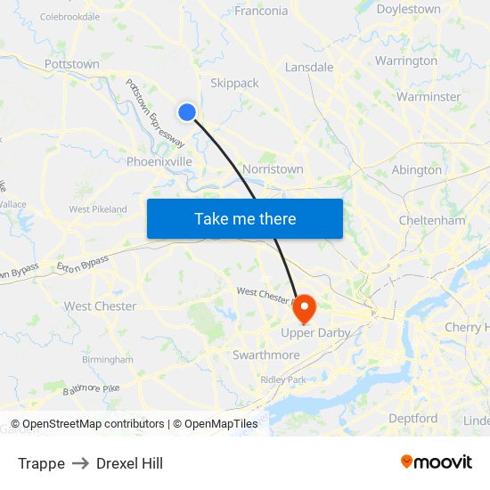 Trappe to Drexel Hill map