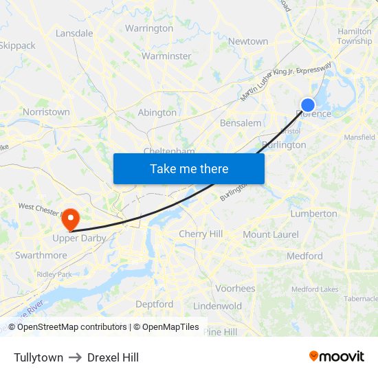 Tullytown to Drexel Hill map