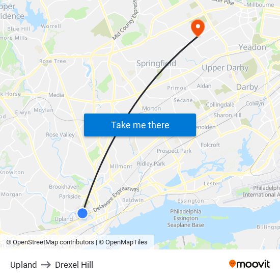 Upland to Drexel Hill map