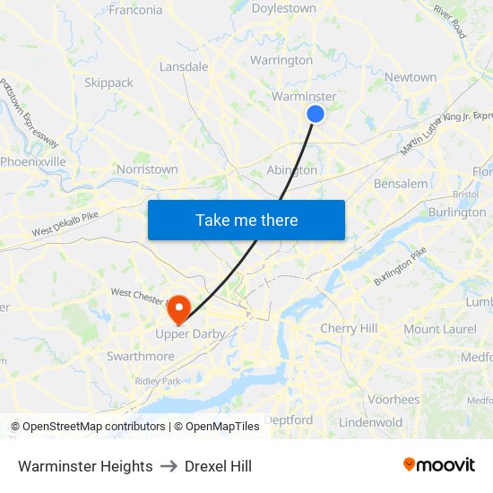 Warminster Heights to Drexel Hill map