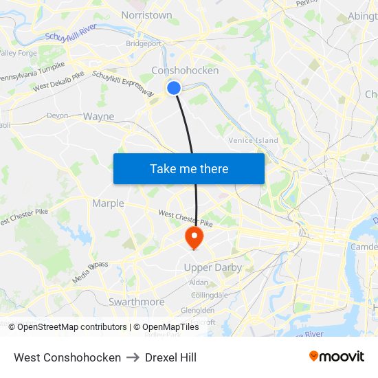 West Conshohocken to Drexel Hill map