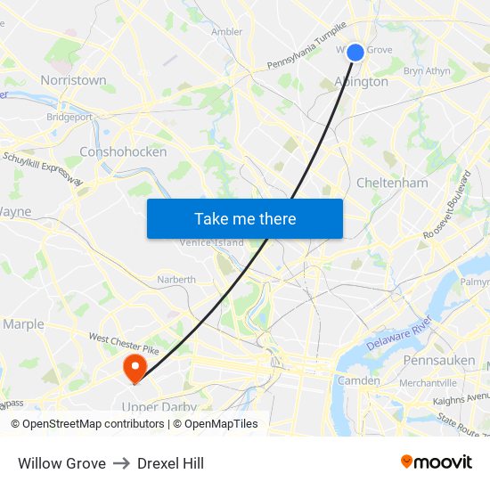 Willow Grove to Drexel Hill map