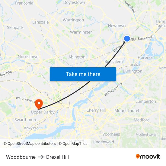 Woodbourne to Drexel Hill map