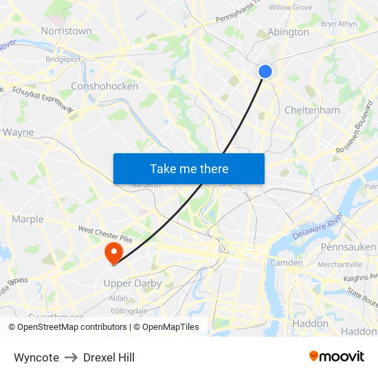 Wyncote to Drexel Hill map