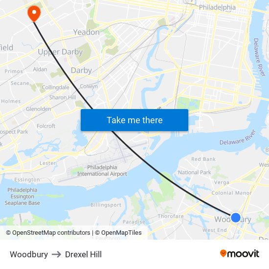 Woodbury to Drexel Hill map