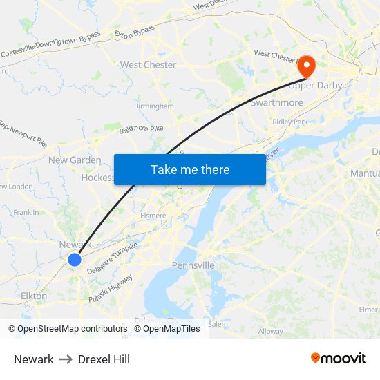 Newark to Drexel Hill map