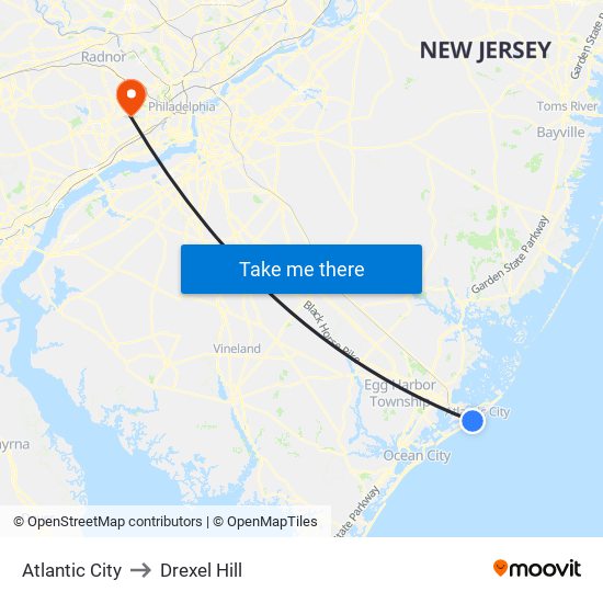 Atlantic City to Drexel Hill map