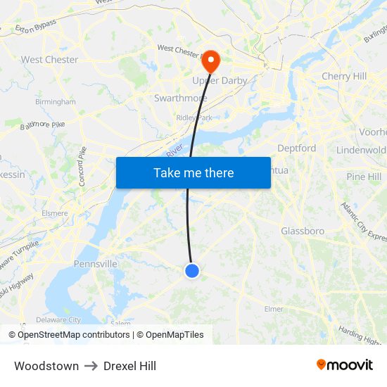 Woodstown to Drexel Hill map