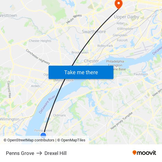 Penns Grove to Drexel Hill map