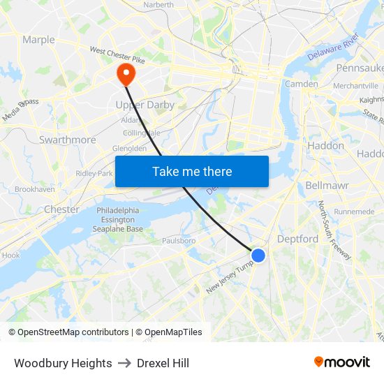 Woodbury Heights to Drexel Hill map