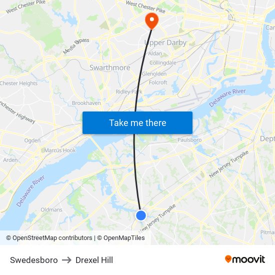 Swedesboro to Drexel Hill map