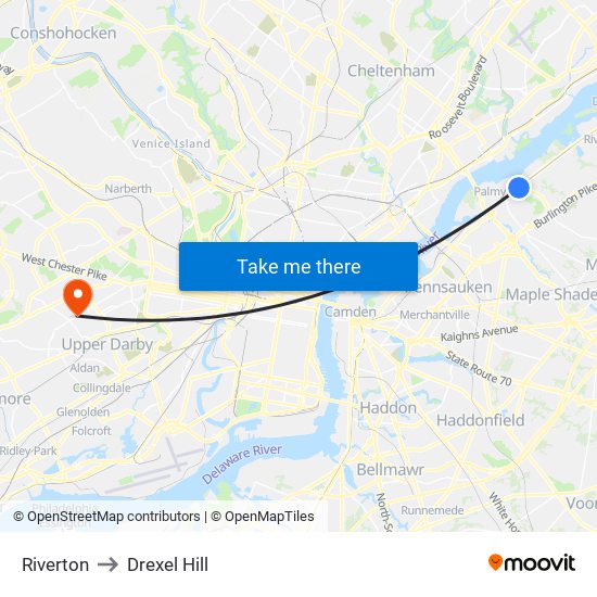 Riverton to Drexel Hill map