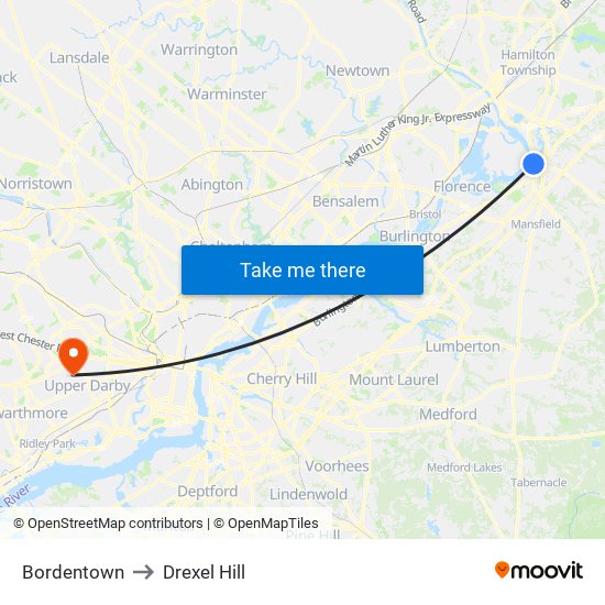 Bordentown to Drexel Hill map