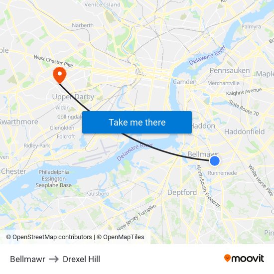 Bellmawr to Drexel Hill map