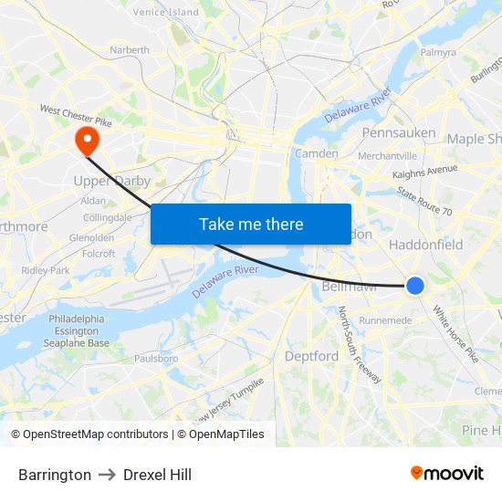 Barrington to Drexel Hill map