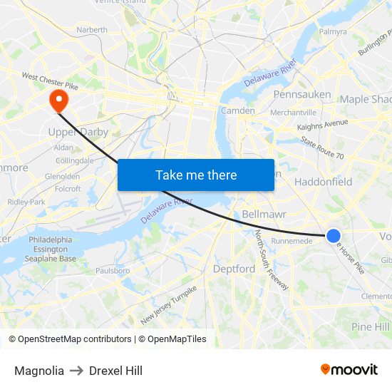 Magnolia to Drexel Hill map