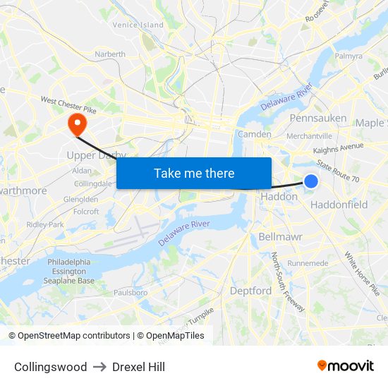 Collingswood to Drexel Hill map