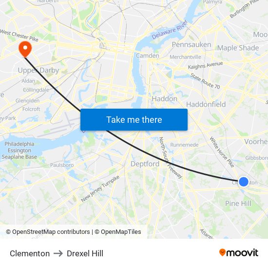 Clementon to Drexel Hill map