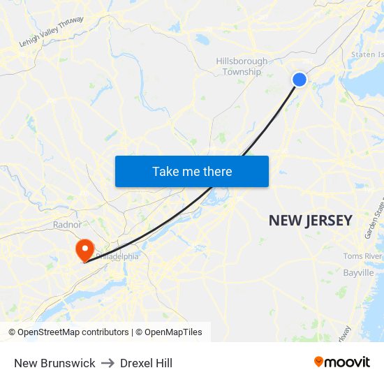 New Brunswick to Drexel Hill map