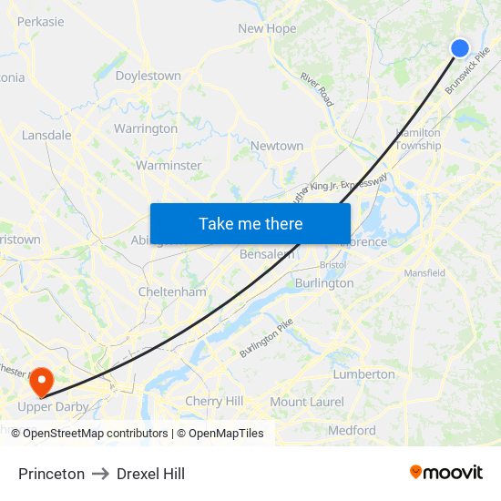 Princeton to Drexel Hill map