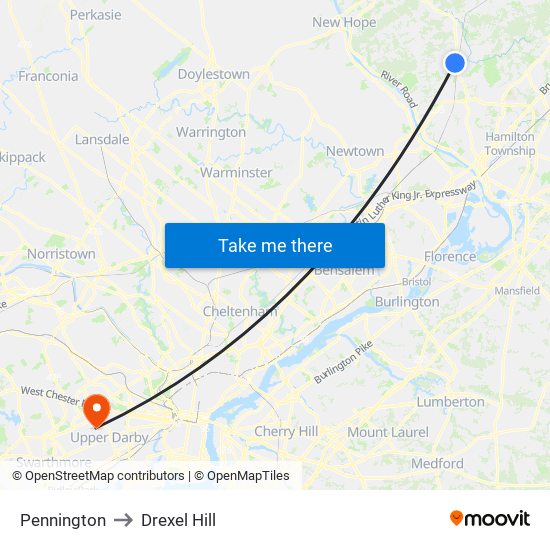 Pennington to Drexel Hill map