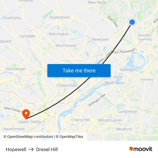 Hopewell to Drexel Hill map