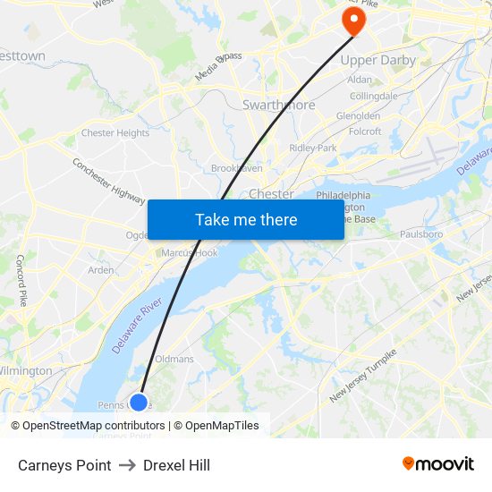 Carneys Point to Drexel Hill map
