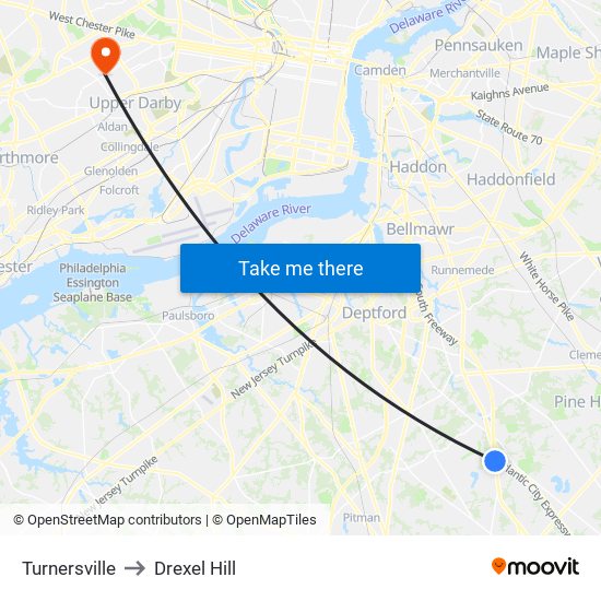 Turnersville to Drexel Hill map