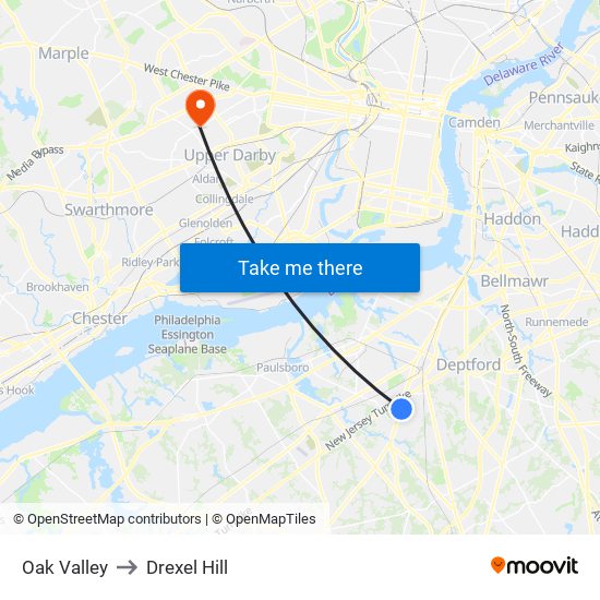 Oak Valley to Drexel Hill map