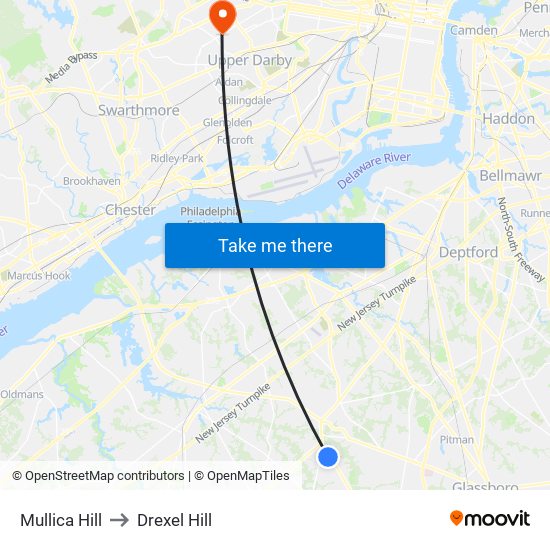 Mullica Hill to Drexel Hill map