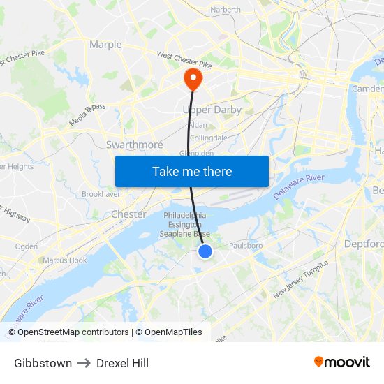 Gibbstown to Drexel Hill map