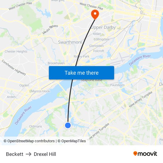 Beckett to Drexel Hill map