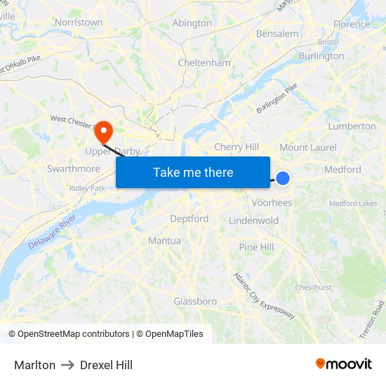 Marlton to Drexel Hill map