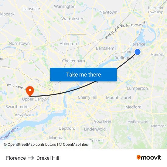 Florence to Drexel Hill map