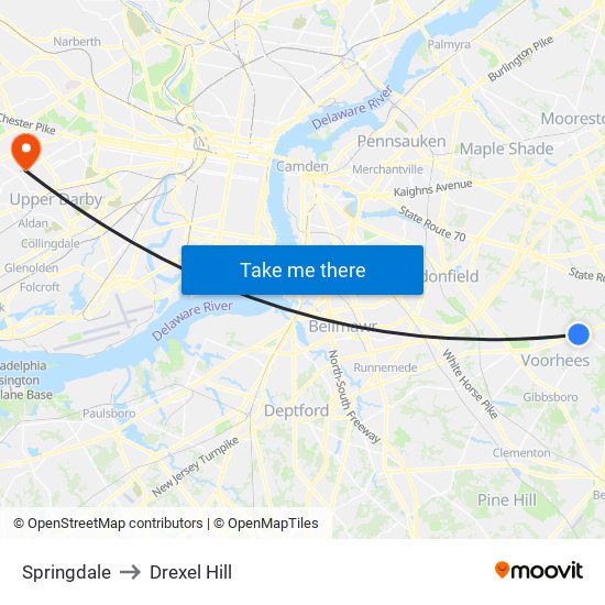 Springdale to Drexel Hill map