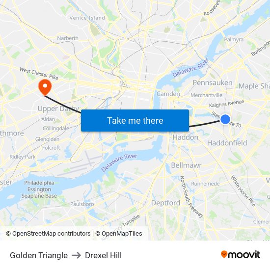 Golden Triangle to Drexel Hill map