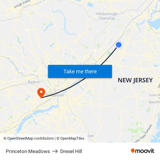 Princeton Meadows to Drexel Hill map