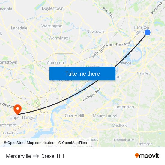 Mercerville to Drexel Hill map