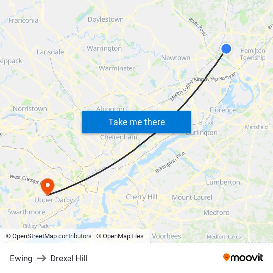 Ewing to Drexel Hill map