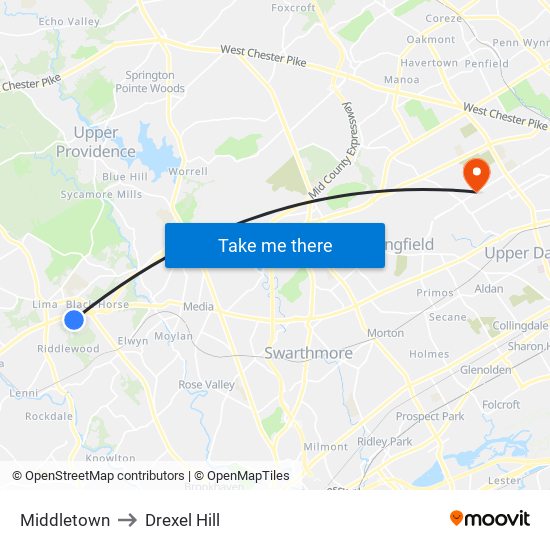 Middletown to Drexel Hill map