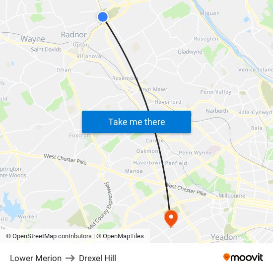 Lower Merion to Drexel Hill map