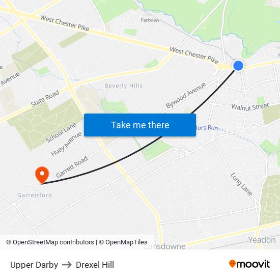 Upper Darby to Drexel Hill map