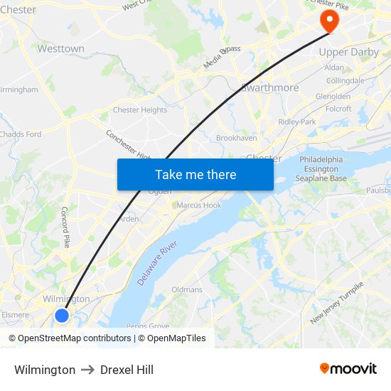 Wilmington to Drexel Hill map