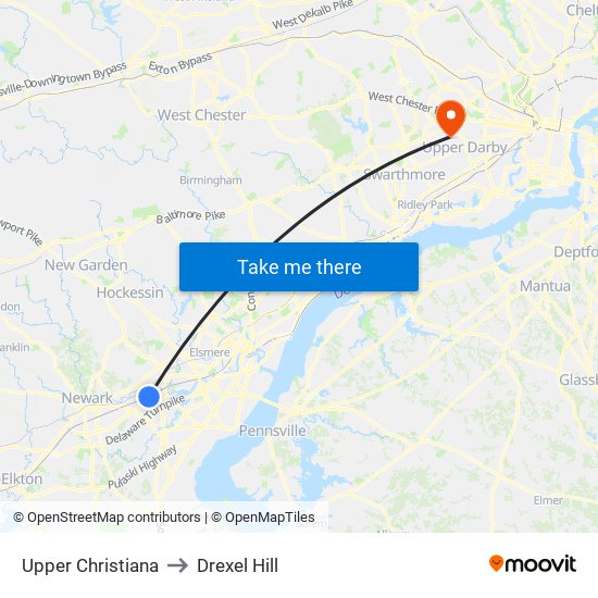 Upper Christiana to Drexel Hill map