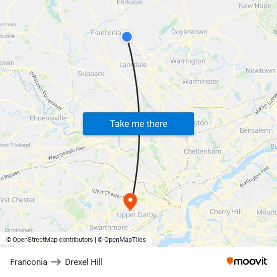 Franconia to Drexel Hill map